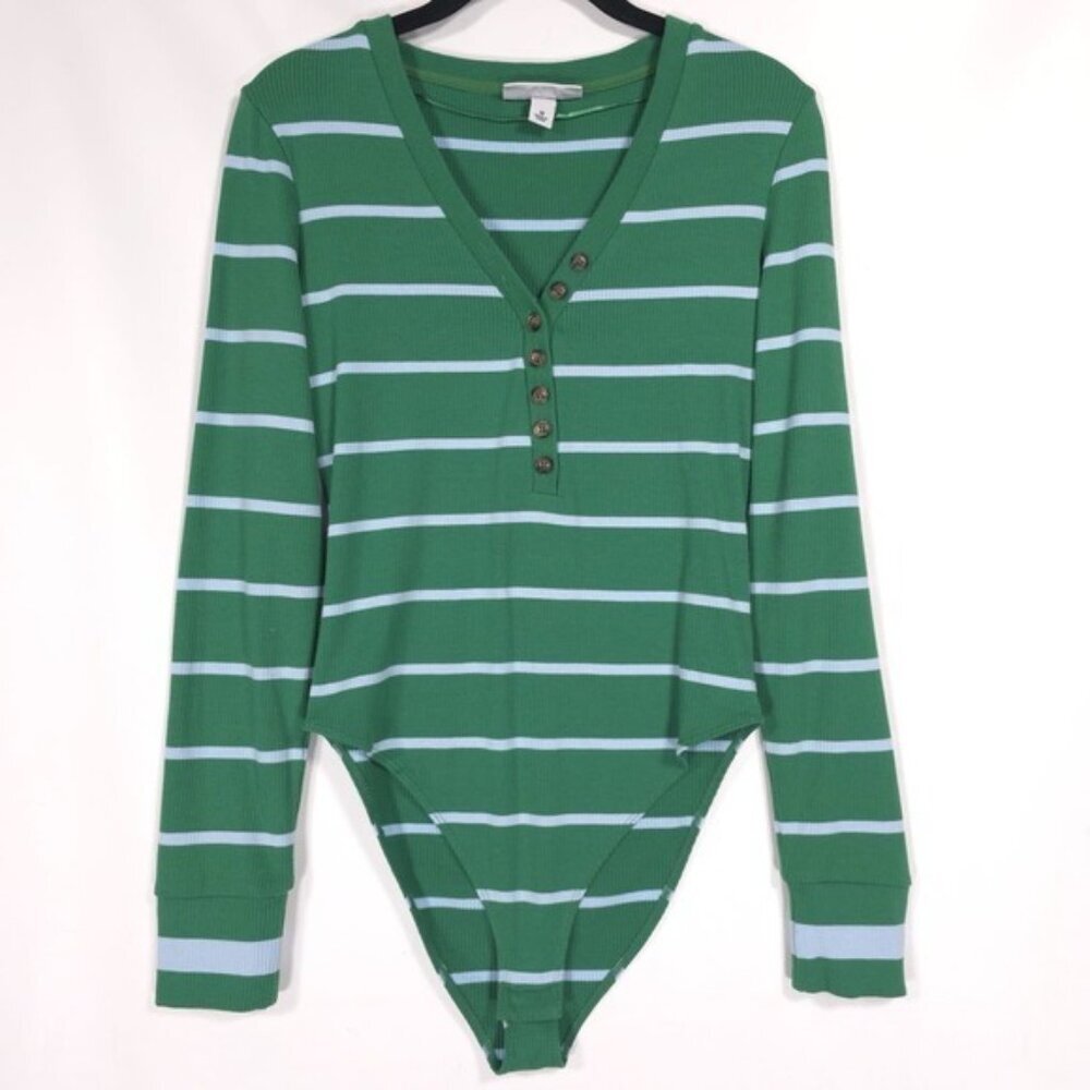 LA‎ LIGNE Target Green Light Blue Striped LS V-Neck Button-Front Bodysuit MEDIUM